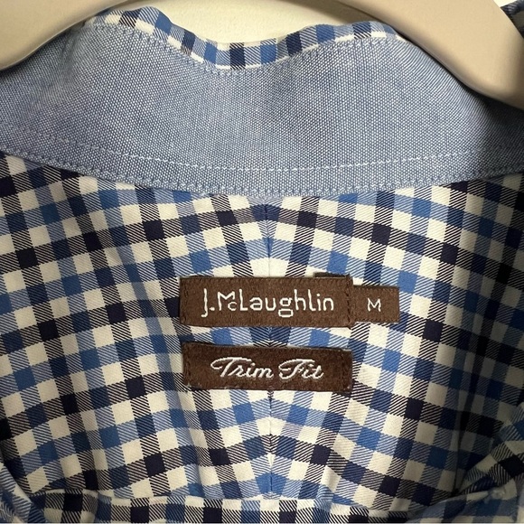 J McLaughlin Trim Fit Blue Black White Plaid Mens Button Up size medium - Picture 4 of 6
